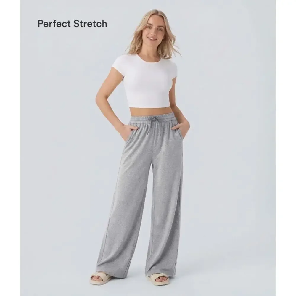NEW Halara High Waisted Drawstring Wide Leg Pants Fog Gray Lounge Casual Chic XL - Picture 3 of 13